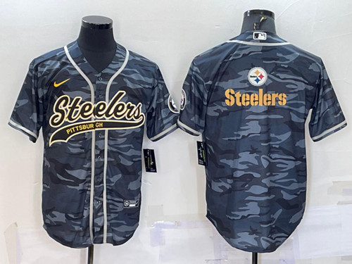 Men's Pittsburgh Steelers Blank Gray Camo Team Big Logo With Patch Cool Base Stitched Baseball Jersey